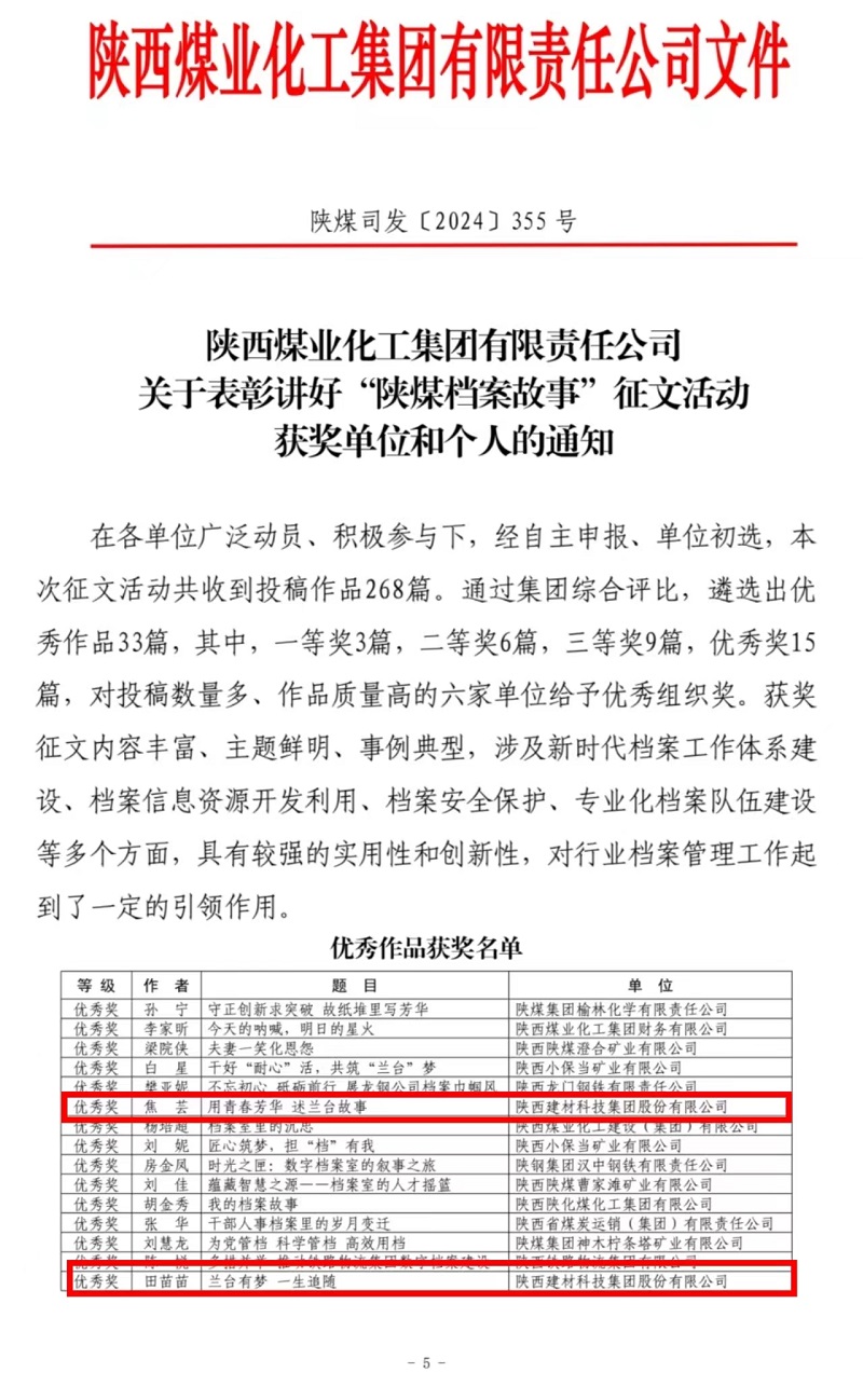 喜報！陜西建材科技檔案故事獲獎了